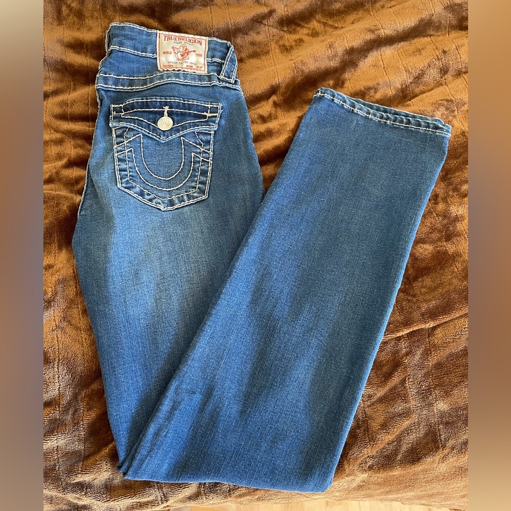 True Religion Women's Blue Straight Jeans with Signature Pocket Stitching